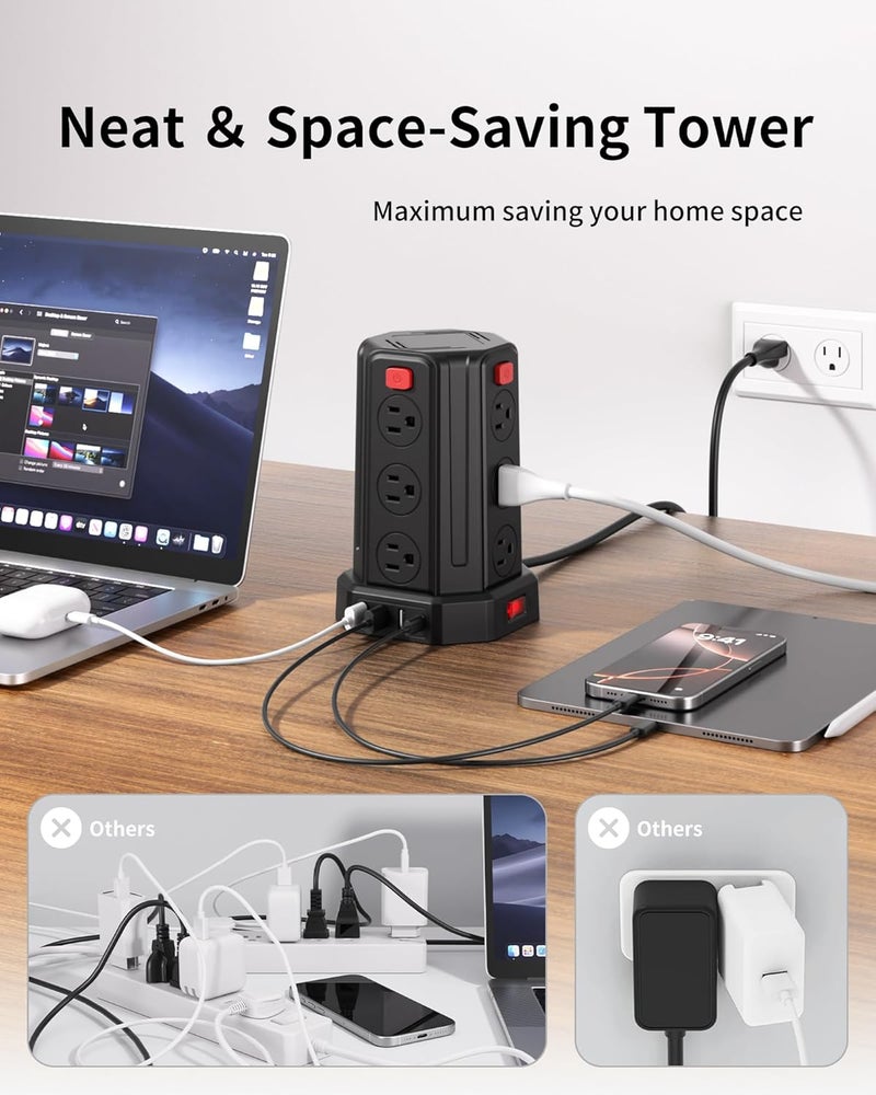 SMALLRT Power Strip Surge Protector, 6.5 Ft Extension Cord with 12 AC Multiple Outlets 4 USB (1 USB C), Power Tower Desktop Charging Station (Black, 6.5 Ft) - Image 5